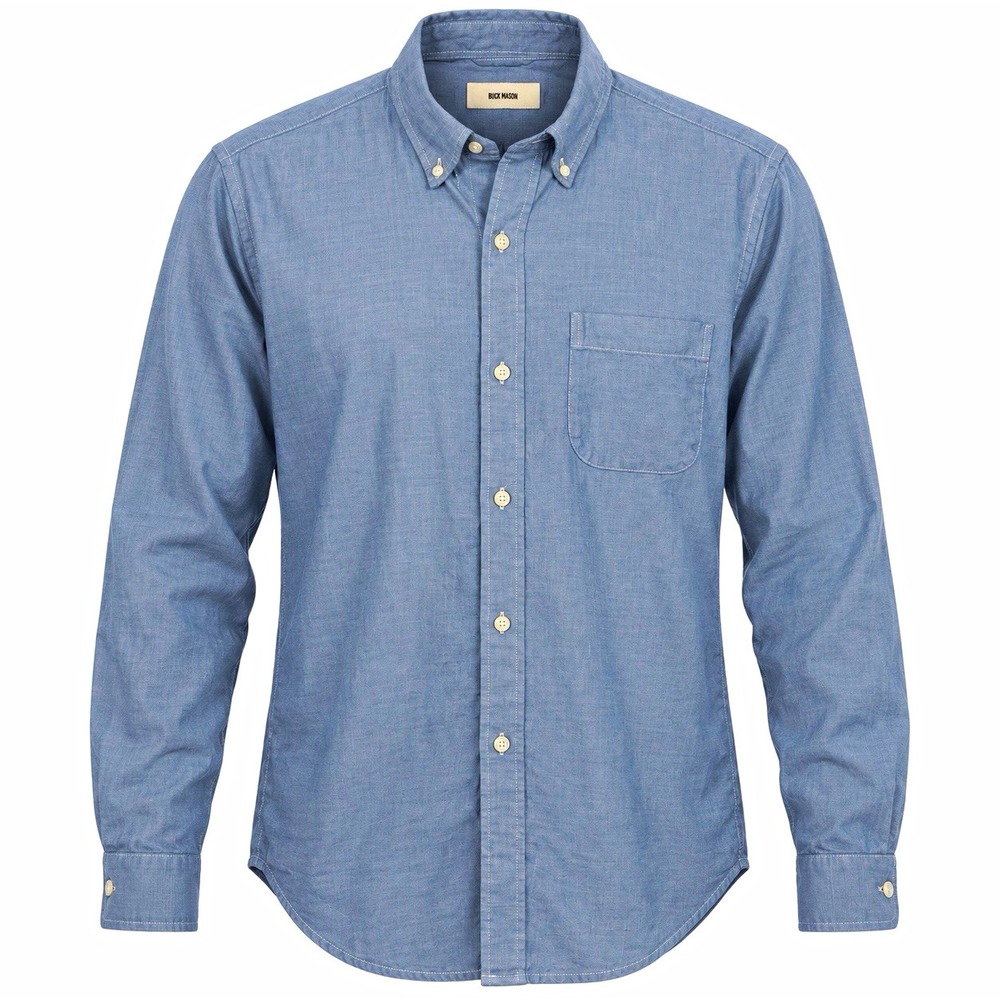 Buck Mason Shirt Men's XL Button Down Solid Long Sleeve Blue Woven Pockets